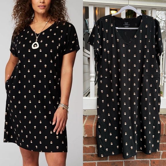 J. Jill Dresses & Skirts - J.jill Pure Jill Soft-v-neck T-shirt Dress Black Airy Floral Organic Cotton LG